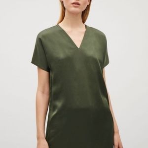 COS olive green silk tee mini dress